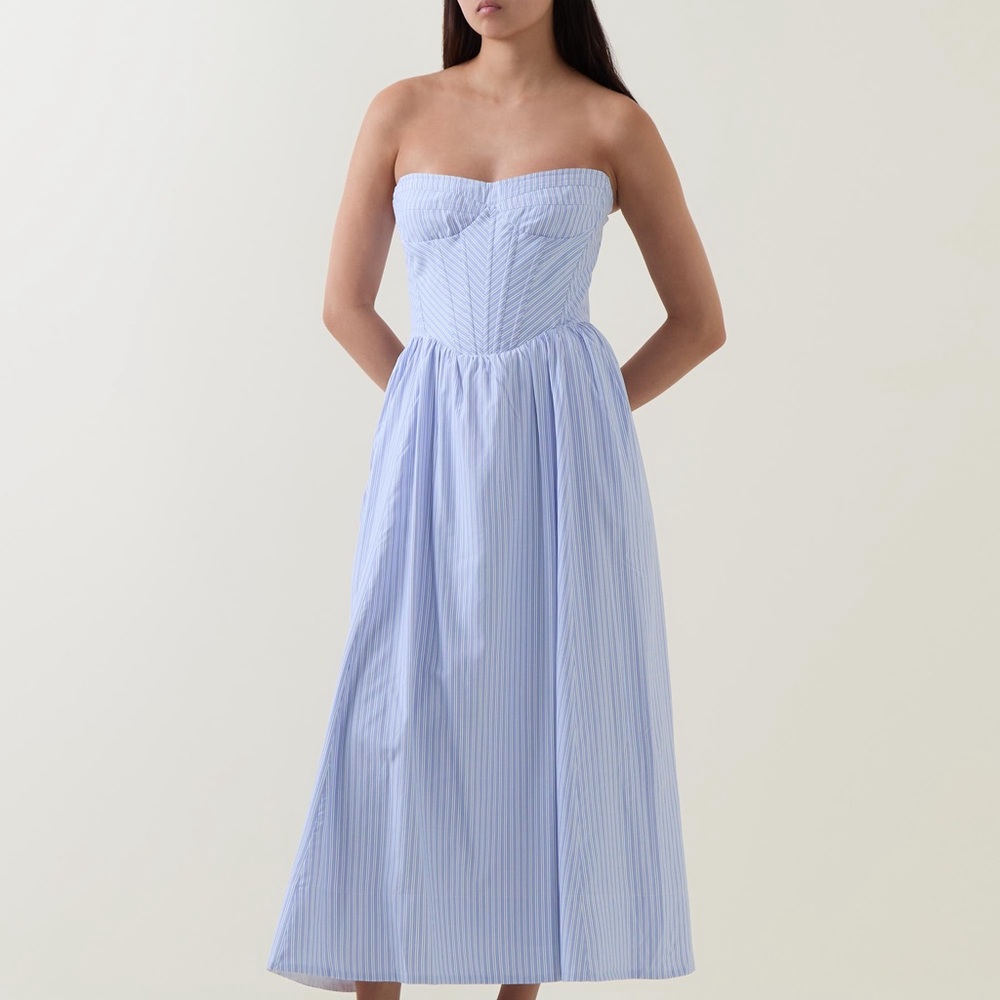Bardot Strapless Light Blue Pinstripe Midi Dress